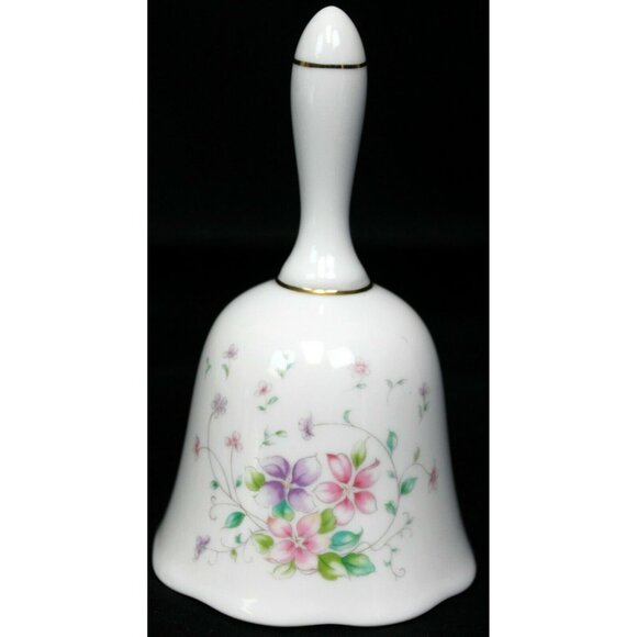 A World of Imports White Porcelain Bell Pink Purple Floral Design Scalloped Edge - Picture 1 of 12